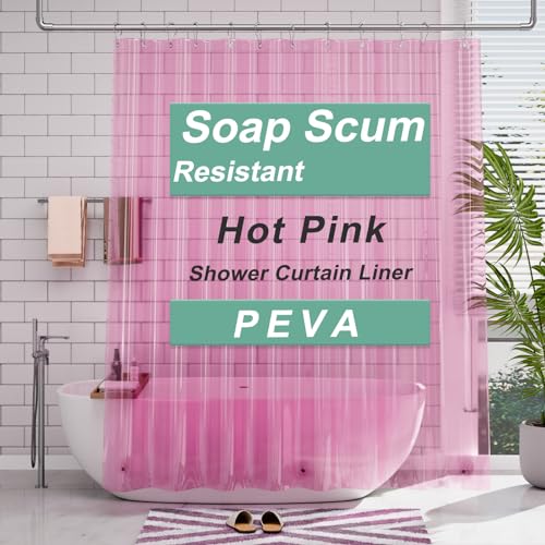 AmazerBath Shower Curtain Liner, 72x72 Transparent Hot Pink Shower Liner, Lightweight Plastic Shower Curtain Liners, Cute Waterproof Shower Liner for Bathroom with 3 Magnets & 12 Grommet Holes - color: Clear Hot Pink, size: 72"W x 72"L (Pack of 1)