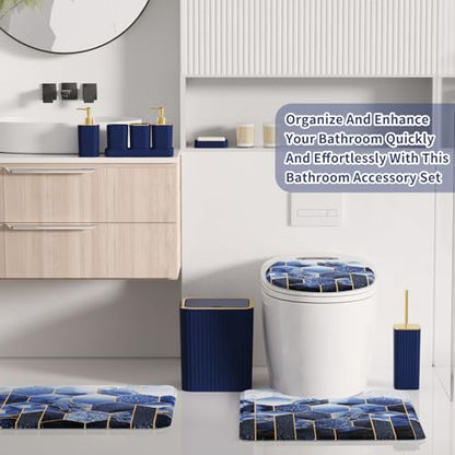 XLHOMO Bathroom Set - 26PC Bathroom Set with Shower Curtain and Rugs, Bathroom Accessory Set, Navy Blue Bathroom Sets, Trash Can & Soap Dispenser - style: Navy Blue&Gold