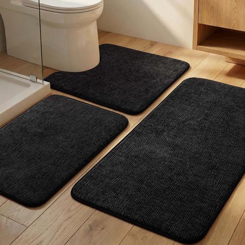 Bathroom Rug Set 3 Piece, Memory Foam Black Bath Mat Set Non-Slip Quick Dry Absorbent Bath Mats for Bathrooom, Washable Bathroom Rug and U-Shaped Contour Toilet Rug for Bath Floor - color: Black, size: 3pieces