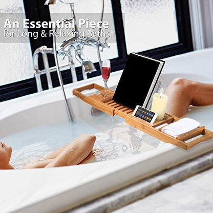 Adjustable Bamboo Bathtub Caddy Tray - Natural Wood Luxury Bath Tub Organizer w/Wine Holder, Soap Dish, Cup Slot, Book Tablet Holder, and Phone Slot for Spa, Bathroom, Shower - SereneLife