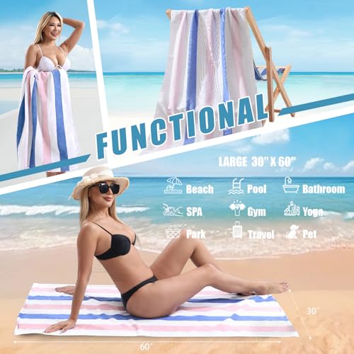 Beach Towel Set-4 Pack 30"x60" Sand Free Stripe Beach Towel for Pool,Bathroom,Soft Absorbent Quick Dry Lightweight Beach Bath Towel,Camping Blanket,Travel Towel,Beach Essentials for Adults,Pink/Blue - color: Blue/Pink