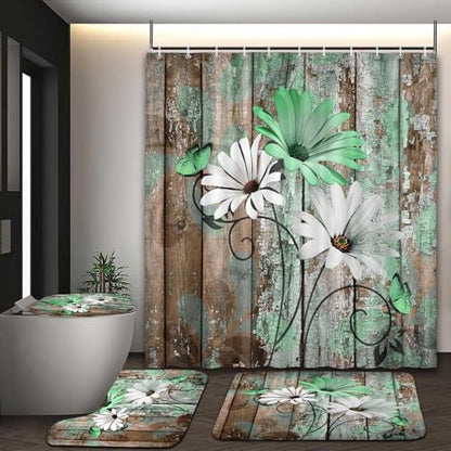 JAWO 4 Piece Green Daisy Flower on Rustic Wooden Plank Country Style Shower Curtain Sets with Non-Slip Rugs, Toilet Lid Cover and Bath Mat, Shower Curtain with 12 Hooks - color: Green-a, size: 5'10" x 5'10" (Rectangular)