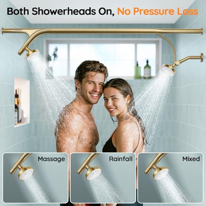 Dual Shower Head System- Double Showerheads for Couples - Golden | Two People 2 Person Gifts for Women Men - Thicker 304 Stainless Steel, High Pressure, Adjustable, Bathroom Upgrade, SPA-Like - color: Golden