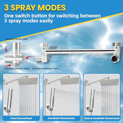 Rainfall Shower Head with Handheld Combo, Silvery, 10 Inch & 3 Spray Modes | 180° Adjustable, Extension Arm, Easy To Install - color: silvery-1
