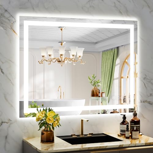 40x30 Inch LED Bathroom Mirror with Lights Front and Backlit Lighted Vanity Mirror for Bathroom Wall with 3 Colors Dimmable Anti-Fog Memory Shatter-Proof IP54 Waterproof Horizontal/Vertical - color: Backlit+front Lit, size: 40"L x 30"W