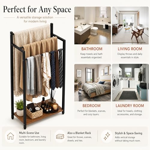 16.9" W Freestanding Towel Rack with Rustic Brown Wood Shelf | 3 Tier Blanket Ladder Stand for Bathroom Living Room, Metal Frame,31.5"H x 16.9"W x7.9"D - color: Rustic Brown, size: 31.5"H x 16.9"W x7.9"D