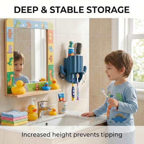 Kids Toothbrush Holder Wall Mount, Cute Cactus (Dark Blue) | Bathroom Organizer, PP Cactus Holder, Toothbrush Toothpaste Hair Tie Accessories,Multi-Function Organizer - color: Blue