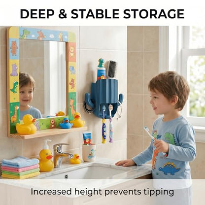 Kids Toothbrush Holder Wall Mount, Cute Cactus (Dark Blue) | Bathroom Organizer, PP Cactus Holder, Toothbrush Toothpaste Hair Tie Accessories,Multi-Function Organizer - color: Blue