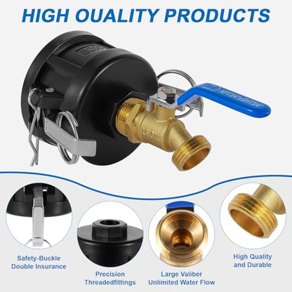 IBC Tote Hose Adapter, 2" Cam Lock Fittings for 275-330 Gallon IBC Tote Tank, 2" Fine and Coarse Groove, 3/4" Male NPT Inlet ×3/4" Male GHT Brass Hose Faucet Garden Hose Connector