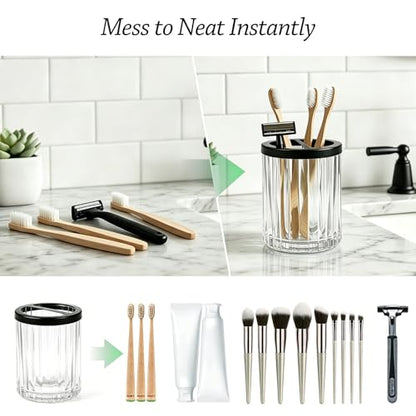 8oz Toothbrush Holders for Bathrooms, Clear Striped Toothbrush Cup, Clear | Bathroom Tumbler and Mouthwash Cup with Black Divider, Tooth Brush and Toothpaste Organizer for Countertop - color: Clear
