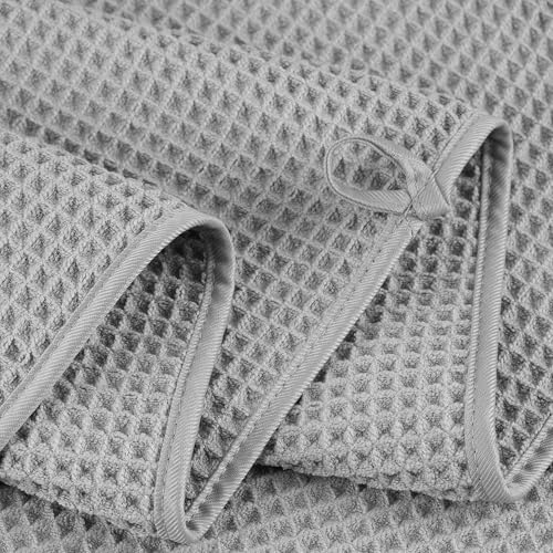 POLYTE 430 GSM Poly Blend Microfiber Quick Dry Waffle Bath Towel Set of 6 | 2-Body Towels, 2-Hand Towels, 2-Wash cloths, Oversize, Lint Free - color: Beige,light Gray