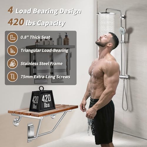 𝙐𝙥𝙜𝙧𝙖𝙙𝙚 15 Inch Folding Shower Seat Wall Mounted, Teak Wood Shower Seat with Stainless Steel Bracket & Finish Cap, 420lb Capacity, for Elderly, Disabled, Pregnant Women, Kids