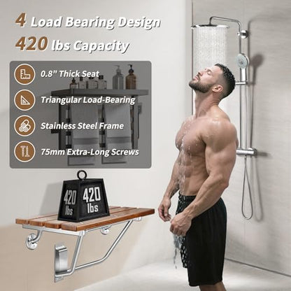 𝙐𝙥𝙜𝙧𝙖𝙙𝙚 15 Inch Folding Shower Seat Wall Mounted, Teak Wood Shower Seat with Stainless Steel Bracket & Finish Cap, 420lb Capacity, for Elderly, Disabled, Pregnant Women, Kids