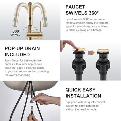 Champagne Bronze Pull Down Tall Vessel Sink Faucet 1 Hole 1 Handle | Vessel Bowl Faucet with Pop Up Drain & Supply Lines, Lead-Free cUPC & NSF Certified, 1 Hole Faucet for Vanity RV Restroom - color: Champagne Bronze, size: Tall