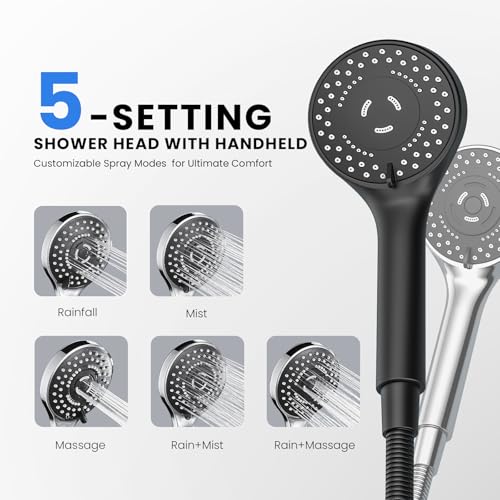 Black Rain Shower Head with Handheld Shower Head, 5 Spray Modes | High-Pressure Dual Shower Combo, Multi-Spray Handheld, 11-Inch Metal Extension Arm, Detachable Design for Easy, Flexible Use - color: Matte Black