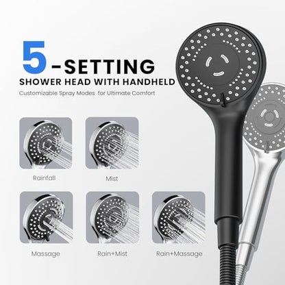 Black Rain Shower Head with Handheld Shower Head, 5 Spray Modes | High-Pressure Dual Shower Combo, Multi-Spray Handheld, 11-Inch Metal Extension Arm, Detachable Design for Easy, Flexible Use - color: Matte Black
