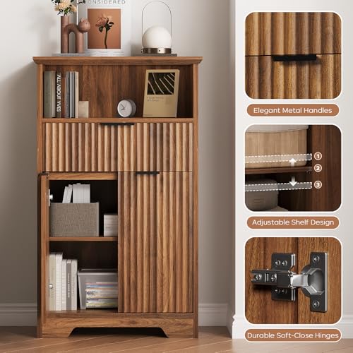 Fluted Buffet Cabinet with Storage, Modern Coffee Bar Cabinet | With Drawer & Adjustable Shelf, Wood Sideboard Cabinet for Kitchen, Bathroom, Entryway and Living Room Walnut - color: Walnut