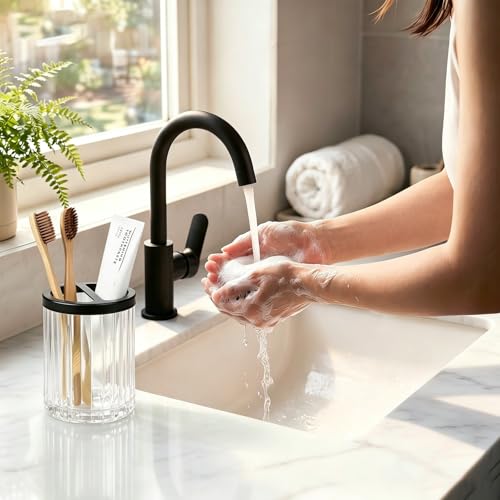 8oz Toothbrush Holders for Bathrooms, Clear Striped Toothbrush Cup, Clear | Bathroom Tumbler and Mouthwash Cup with Black Divider, Tooth Brush and Toothpaste Organizer for Countertop - color: Clear