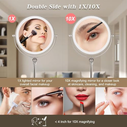 Tabletop Makeup Mirror with Built-in Vanity Tray, 9" Rechargeable 4000mAh Lighted Vanity Mirror 1X/10X Magnification, Height-Adjustable Arm, 3 Color Dimmable (9Inch Nickel) - color: 9inch Nickel