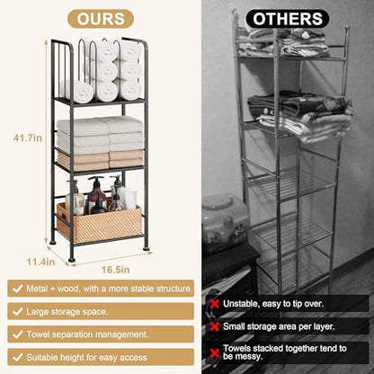 3-Tier Freestanding Towel Racks for Bathroom, Black Towel Rack Stand | Detachable M-shaped Dividers for Bath Towel Storage Premium Iron & Wood Holder Crafted for Bathroom Organization