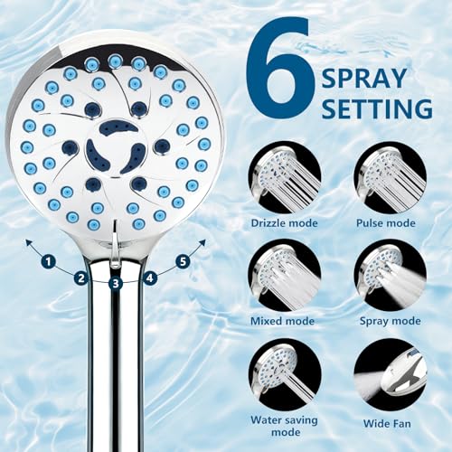 AmasSmile Shower Head with Handheld Sprayer Combo, 6-Mode Detachable Hand Held Showerhead with Power Wash & Pause Button - Shower Head with Handheld Spray Combo for Tub, Tile, Pets & RV - color: silver-plated