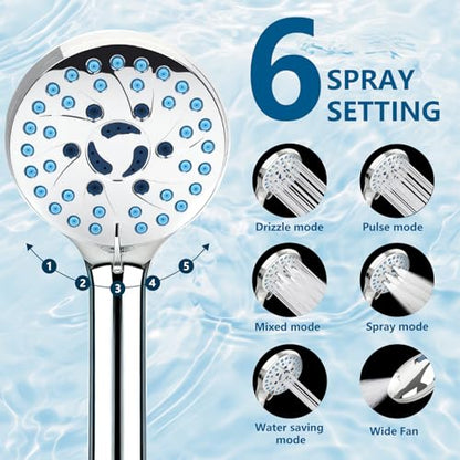 AmasSmile Shower Head with Handheld Spray Combo, High Pressure 6-Mode Detachable Showerhead with Built-in Power Wash, Instant Pause Button, 5 ft Long Hose & Bracket - Perfect for Tub, Tile, Pets & RV - color: Silver