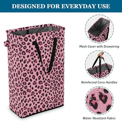 Pinks Leopard Cheetah Laundry Hamper Dirty Clothes Laundry Basket Bin for Bedroom Bathroom with Handles Slim Tall Collapsible Waterproof Freestanding 48L - color: Pinks Leopard cheetah