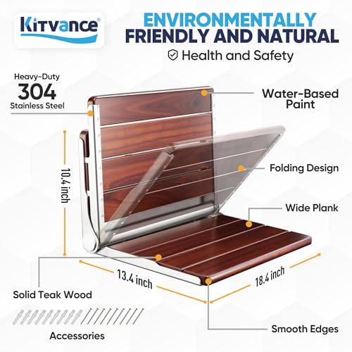 [Upgraded Version] 18" ADA Compliant Folding Teak Shower Seat Wall Mounted-Folding Shower Bench, Folding Shower Seat for Inside Shower, Teak Foldable Shower Chair, Fold Down Shower Seat, Max 400lbs - size: 18.4*13.4*10.4 Inch（Teak）