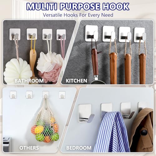 2"x 2" Adhesive Towel Hooks 4Pack Heavy Duty Wall Hooks 15lb Max | No Drilling Sticky Hanger for Bathroom Shower Kitchen RV Dorm Apartment, Waterproof Rustproof Stainless Steel Brushed Nickel - color: Sq- Brushed Nickel
