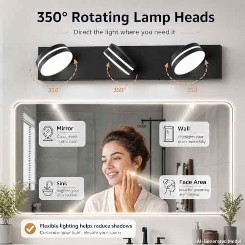 3-Light Bathroom Vanity Light Over Mirror, (24inch Dimmable) Matte Black LED Vanity Lighting Fixtures, Modern Bathroom Wall Light Fixtures with 360°Rotating Lamp Head (Cool White 5500K) - color: Matte Black-Dimmable