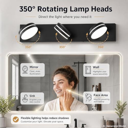 3-Light Bathroom Vanity Light Over Mirror, (24inch Dimmable) Matte Black LED Vanity Lighting Fixtures, Modern Bathroom Wall Light Fixtures with 360°Rotating Lamp Head (Cool White 5500K) - color: Matte Black-Dimmable