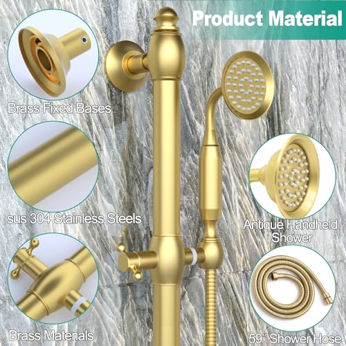 Brass Shower Slide Bar with Handheld Shower Head, Adjustable Height Wall-mounted Retro Hand Shower Head Holder with 59 inch Hose for Bathroom, Brushed Gold - color: Brushed Gold