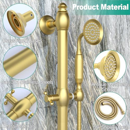 Brass Shower Slide Bar with Handheld Shower Head, Adjustable Height Wall-mounted Retro Hand Shower Head Holder with 59 inch Hose for Bathroom, Brushed Gold - color: Brushed Gold