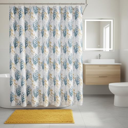 Serafina Home Hotel Quality Fabric Bathroom Shower Curtain: Floral Leaf Damask - Blue, Teal, Yellow, Grey and White (72 x 70 inches) - color: Laura