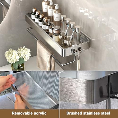 Stainless Steel Wall Mounted Bathroom Shelves - 2-Tier Floating Shelf with Removable Hooks (Brushed Nickel) - color: Brushed Nickel(rectangular)