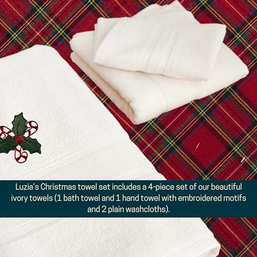 Luzia Christmas Towel Set | Ivory Color | Includes 1 Bath and 1 Hand Towel with Embroidered Designs and 2 Plain Washcloths | Presented in A Beautiful Craft Box - color: Christmas