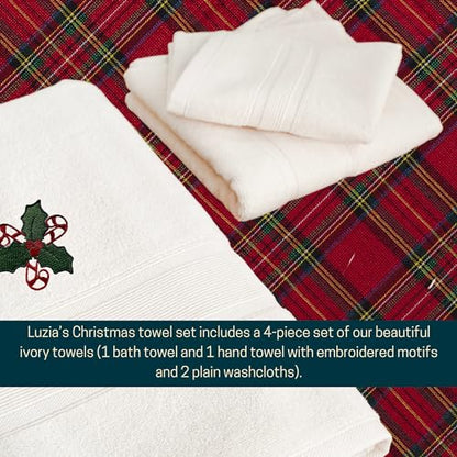 Luzia Christmas Towel Set | Ivory Color | Includes 1 Bath and 1 Hand Towel with Embroidered Designs and 2 Plain Washcloths | Presented in A Beautiful Craft Box - color: Christmas