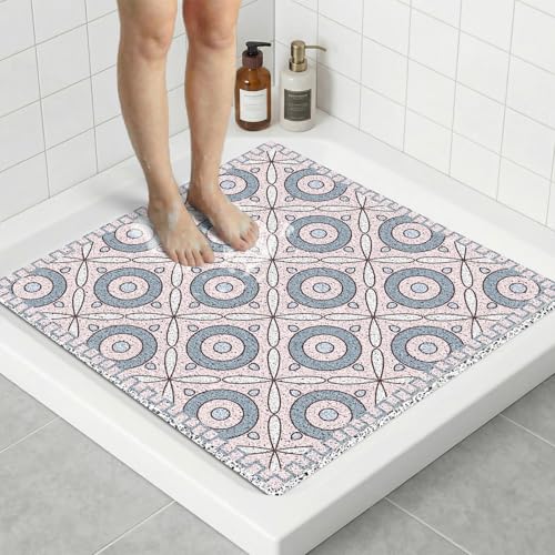 BLESWIN Anti Slip Shower Mat, 27 x 27 Inch Square Soft PVC Loofah Bath Mat for Inside Shower Stall, Soft Trimmable Shower Floor Mat Non Slip for Home, Hotel, Bathroom, Easy to Clean, Pink Circles - color: Pink Circles, size: 27" x 27" (Square)