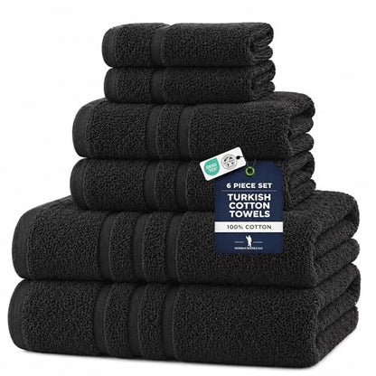 Veteran Textile LLC - 6 Pieces - Turkish Cotton - Luxury Towel Set for Bathroom & Kitchen, 2 Bath Towels, 2 Hand Towels & 2 WashCloths *Valued $79.99* (Black) - color: Black
