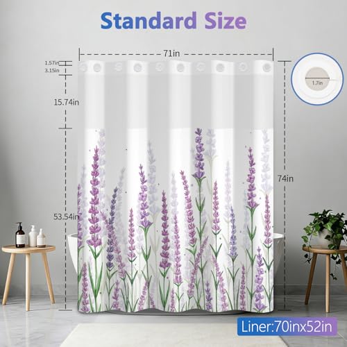 Lavender Shower Curtains for Bathroom, No Hook Floral Shower Curtain with Snap in Liner and Sheer Top Window, 71x74 Inches Shower Curtains Set, Farmhouse Waterproof Shower Curtains with Weighted Hem - color: Lavender