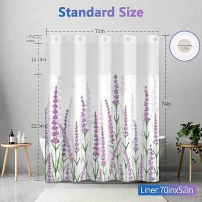 Lavender Shower Curtains for Bathroom, No Hook Floral Shower Curtain with Snap in Liner and Sheer Top Window, 71x74 Inches Shower Curtains Set, Farmhouse Waterproof Shower Curtains with Weighted Hem - color: Lavender