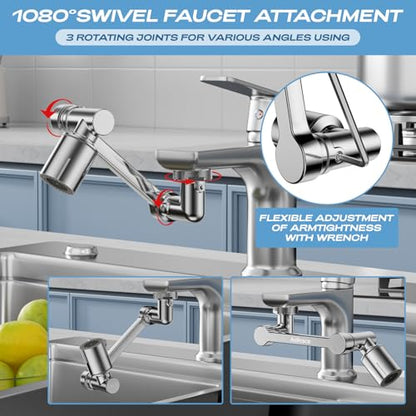 1080° Rotating Faucet Extender, Brass Faucet Multi-functional Spray Nozzle Extender, Universal 36° Rotating Mechanical Arm Bathroom Faucet Extender, Kitchen Extend Filter, 2 Modes Spray