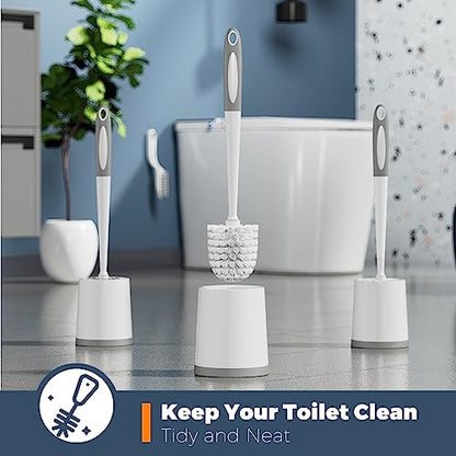 Holaloha Toilet Brush and Holder Set, 3 Pack, White | Bathroom Accessories, Ergonomic Silicone Handle, Dense Bristles, Deep Cleaning, with 3 Crevice Brushes, Scrubber