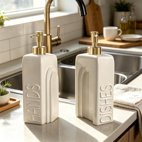 Ceramic Dish and Hand Soap Dispenser Set, 2 Pack with Stainless Steel Pump | Refillable bottles with an included funnel for easy refills and daily use, adding a stylish touch to kitchens and bathrooms. - color: Matte White, Gold Pump