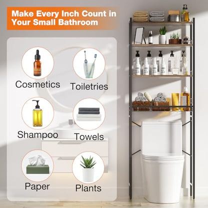 Over The Toilet Storage Rack 4-Tier Freestanding Bathroom Organizer Shelf Over Toilet with Adjustable Shelf & Basket, Space-Saving for Small Spaces, Rustic Brown