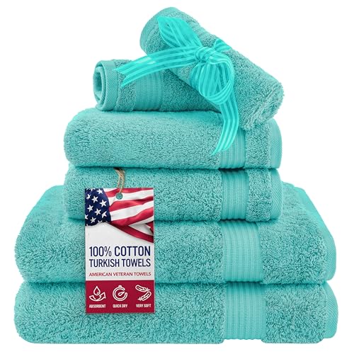 American Veteran Towel, 6 Piece Towel Set for Bathroom, 100% Cotton Turkish Bathroom Towels, 2 Bath Towels 2 Hand Towels 2 Washcloths, Turquoise Blue - color: Turquoise Blue, size: X Large 6 PC