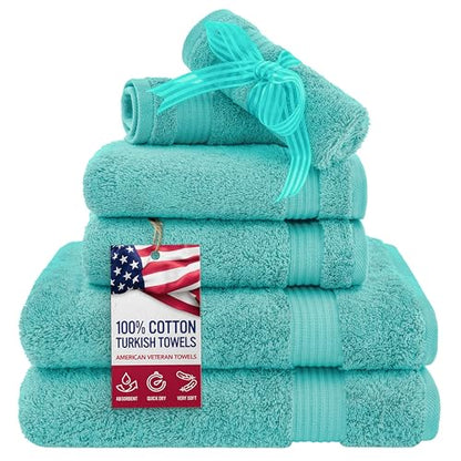American Veteran Towel, 6 Piece Towel Set for Bathroom, 100% Cotton Turkish Bathroom Towels, 2 Bath Towels 2 Hand Towels 2 Washcloths, Turquoise Blue - color: Turquoise Blue, size: X Large 6 PC