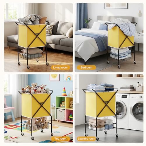 Convenient Laundry Basket with Wheels,36" High Easy Rolling Laundry Cart with Wheels,Heavy Duty Dirty Clothes Laundry Hamper with Handles Removable Bag for Seniors,Folding Metal Frame/Yellow/98L - color: Yellow