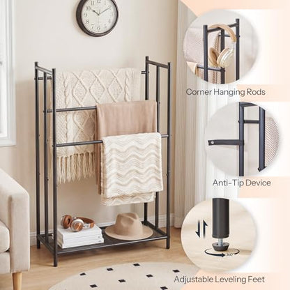 HOOBRO Free Standing Towel Rack for Bathroom, 25.2" L x 11.4" W x 39.4" H, 3-Tier Blanket Rack Stand with Bottom Mesh, Freestanding Quilt Stand with Adjustable Feet, Industrial Style, Black BK09LB01