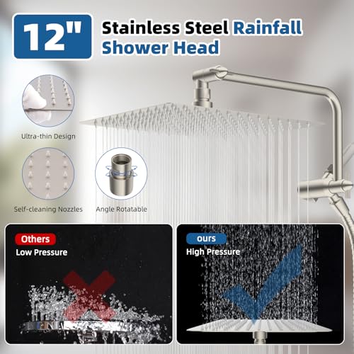 12" Metal Rainfall Shower Head with 10-Mode Handheld, Brushed Nickel | NSF/ANSI/CAN 372 Certified, High Pressure Showerhead Combo with 11" Adjustable Shower Arm, 71" Hose, Shower Head Holder - color: Brushed Nickel, style: Square 12"
